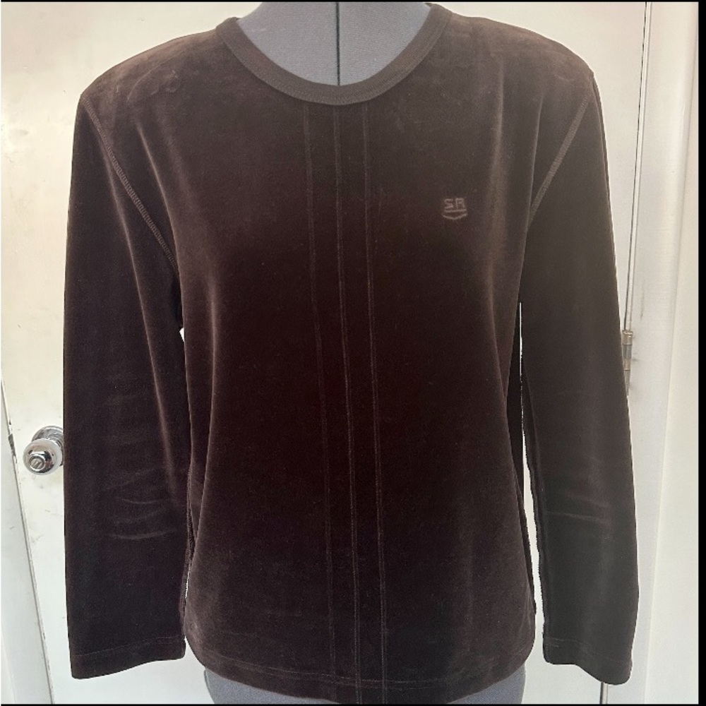 VINTAGE 1990s SONIA RYKIEL PARIS DARK BROWN VELOUR VELVET TOP SWEATER LOGO L EUC